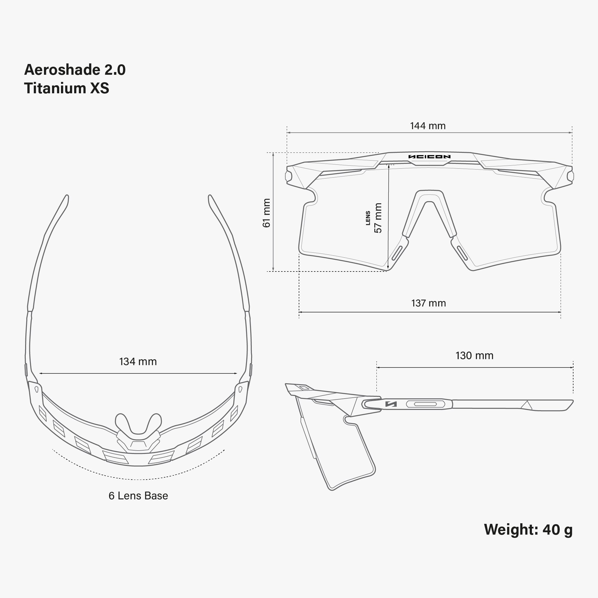 Aeroshade 2.0 Titanium XS White Matte Photochromic Blue Green dimensions